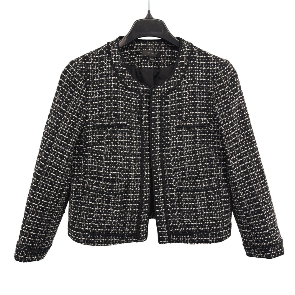 Ann Taylor Tweed Jacket Womens 14 Pre-Owned Blazer Black Braided Trim Collarless